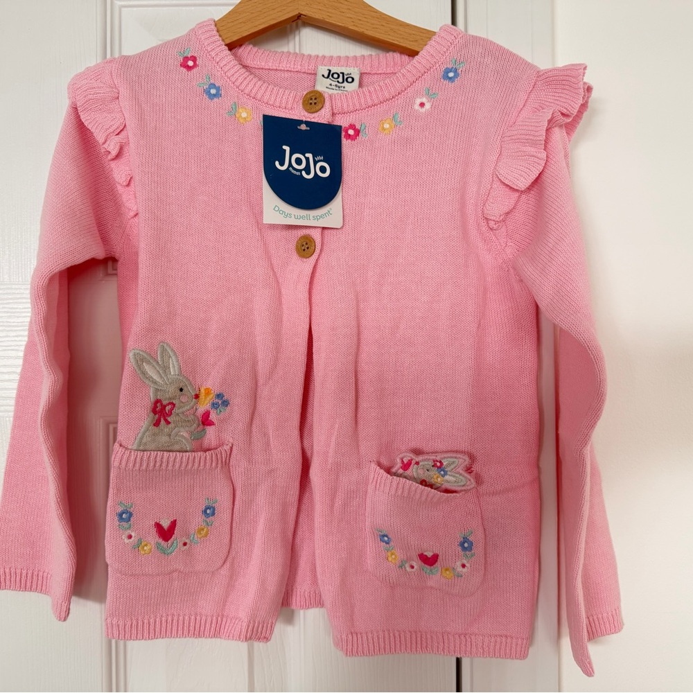 NWT* JoJo Maman Bébé Light Pink Bunny Pet-In-Pocket Embroidered Frill Cardigan